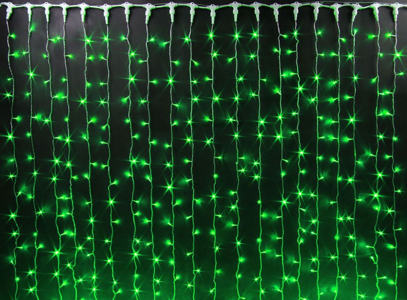 Качественная картинка Светодиодный занавес RichLed, 2*1,5 м облегченный, 220 В, пост.свечение, IP 65, герм.колп., зеленый