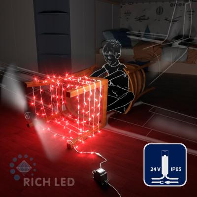 Светодиодные гирлянды RichLed Нить 10 м, 24 В, пост.свеч, IP 65, герм.колп, белый провод, красный