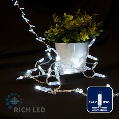 Светодиодная гирлянда Rich LED 7 м, 72 LED, 220 В, влагозащитный колпачок, белая, провод прозрачный