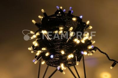 Светодиодная гирлянда нить Teamprof, 10м, 100 LED, 24В, мерцание, черный провод, герм.колп., т.белая
