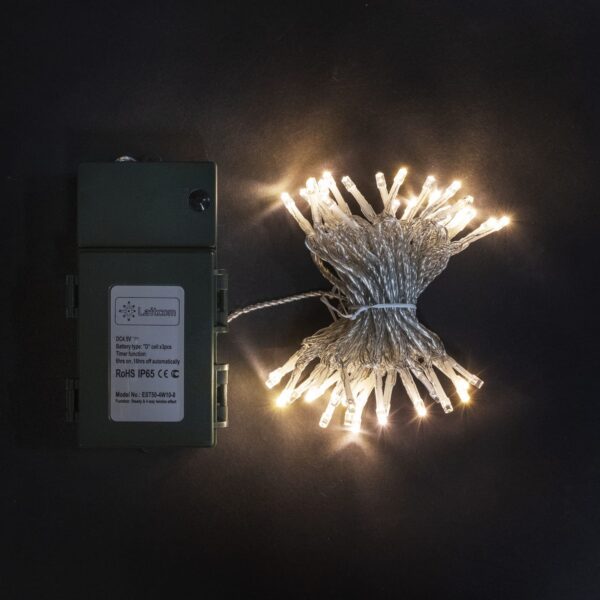 Качественная картинка Светодиодная нить Laitcom, на батарейках с таймером 5м, 3 бат. "D", 4,5V, прозр. пр., шампань