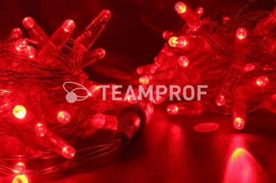 Светодиодная гирлянда нитьTeamProf 10м, 100 LED, 220В, мерцание, прозр. провод, герм.колп., красный