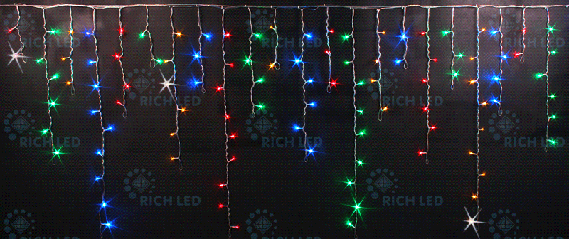 Качественная картинка Светодиодная бахрома RichLed 3*0,5 м, 220 В, мерцание, мульти цвет, IP54, прозр. провод