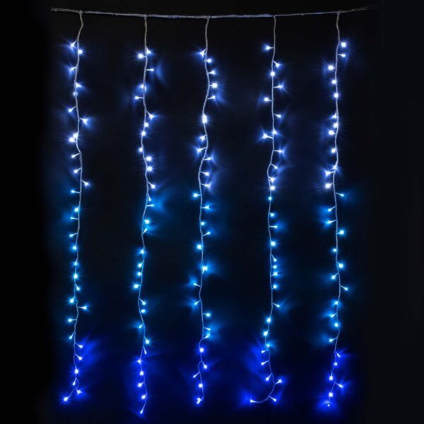Качественная картинка Занавес с эфф. бегущий огонь Laitcom, 2x1,6м, 24V, 150 LED,прозр.пр., белый-неб.голубой-синий