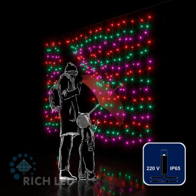Светодиодный занавес RichLed, 2*1,5 м облегченный, 220 В, пост.свечение, IP 65, герм. колп., мульти