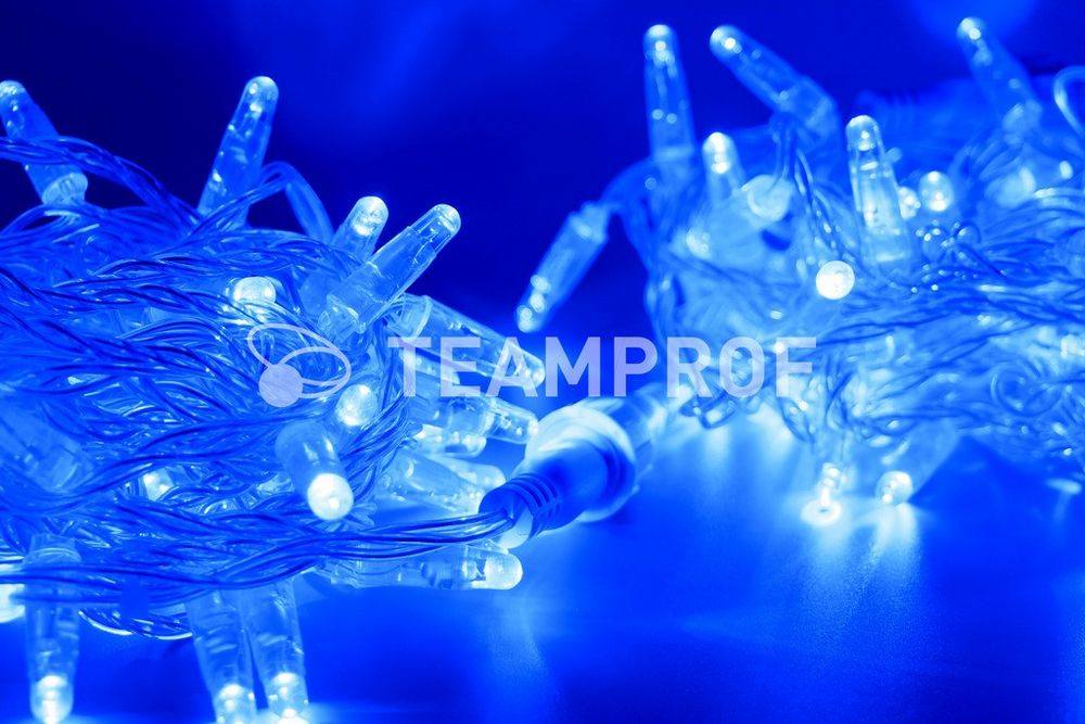 Качественная картинка Светодиодная гирлянда нить TeamProf 10м, 100 LED, 220В, мерцание, прозр. провод, герм.колп., синий
