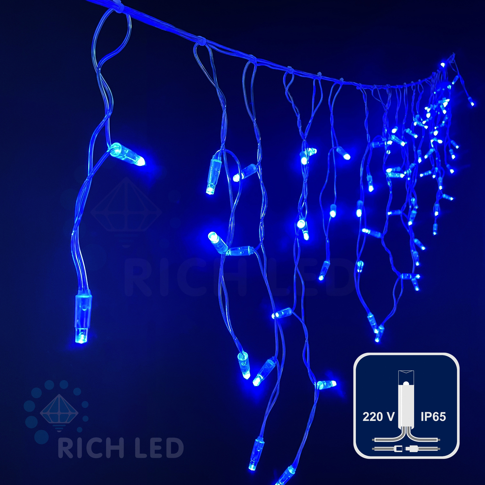 Качественная картинка Светодиодная бахрома Rich LED 3*0.5 м, 220 В, пост. свечение, цвет синий, IP 65, герм. колпачок