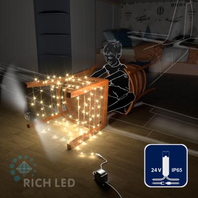 Светодиодные гирлянды RichLed Нить 10 м, 24 В, пост.свеч, IP 65, герм. колп, прозр.провод, теп.белый
